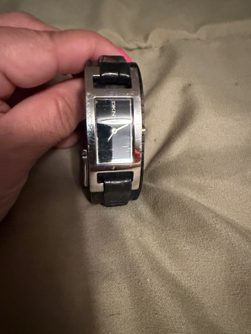 DKNY Black Leather Strap Silver Case Rectangular Watch